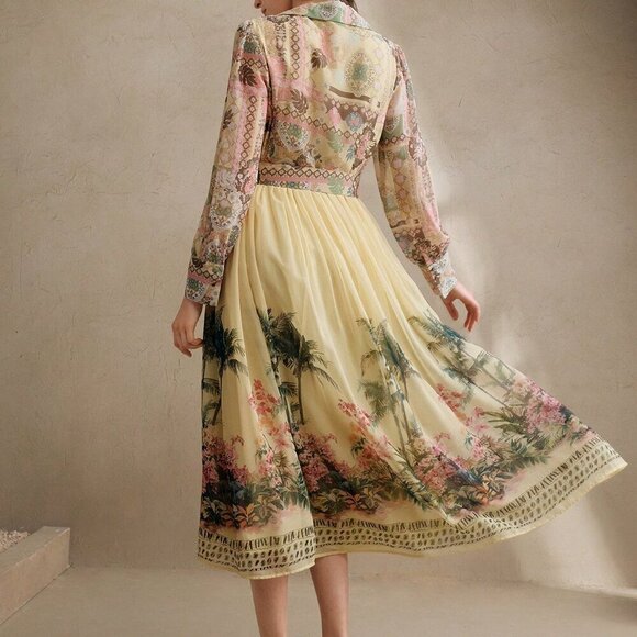 Yellow Boho Women's Floral Print Sleeve Cinched Waist Maxi Dress - Picture 4 of 7